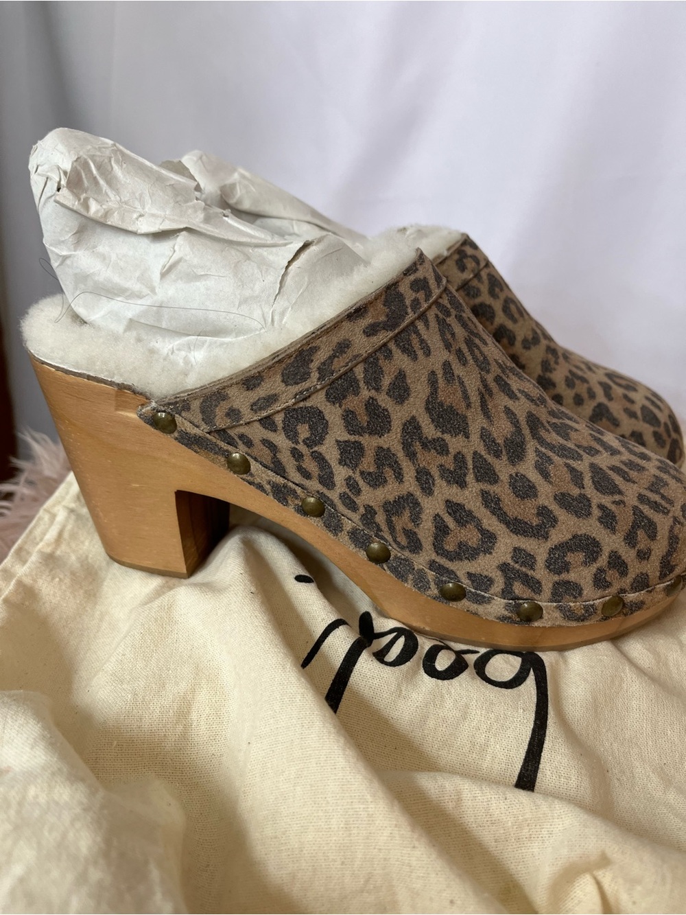 Beek Woodpecker Leopard Print genuine shearling lined Clog in Tan and Black
